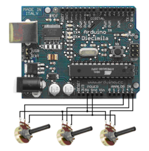 Arduino ATmega con tres potenciómetros conectados en últimos 3 pines analógicos.png